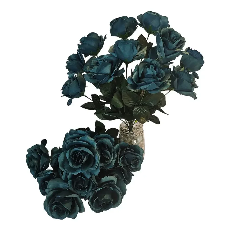 Silk Artificial Teal Rose Bush Lot of 2 Bushes, 4 in wide Blooms, 23 Roses total